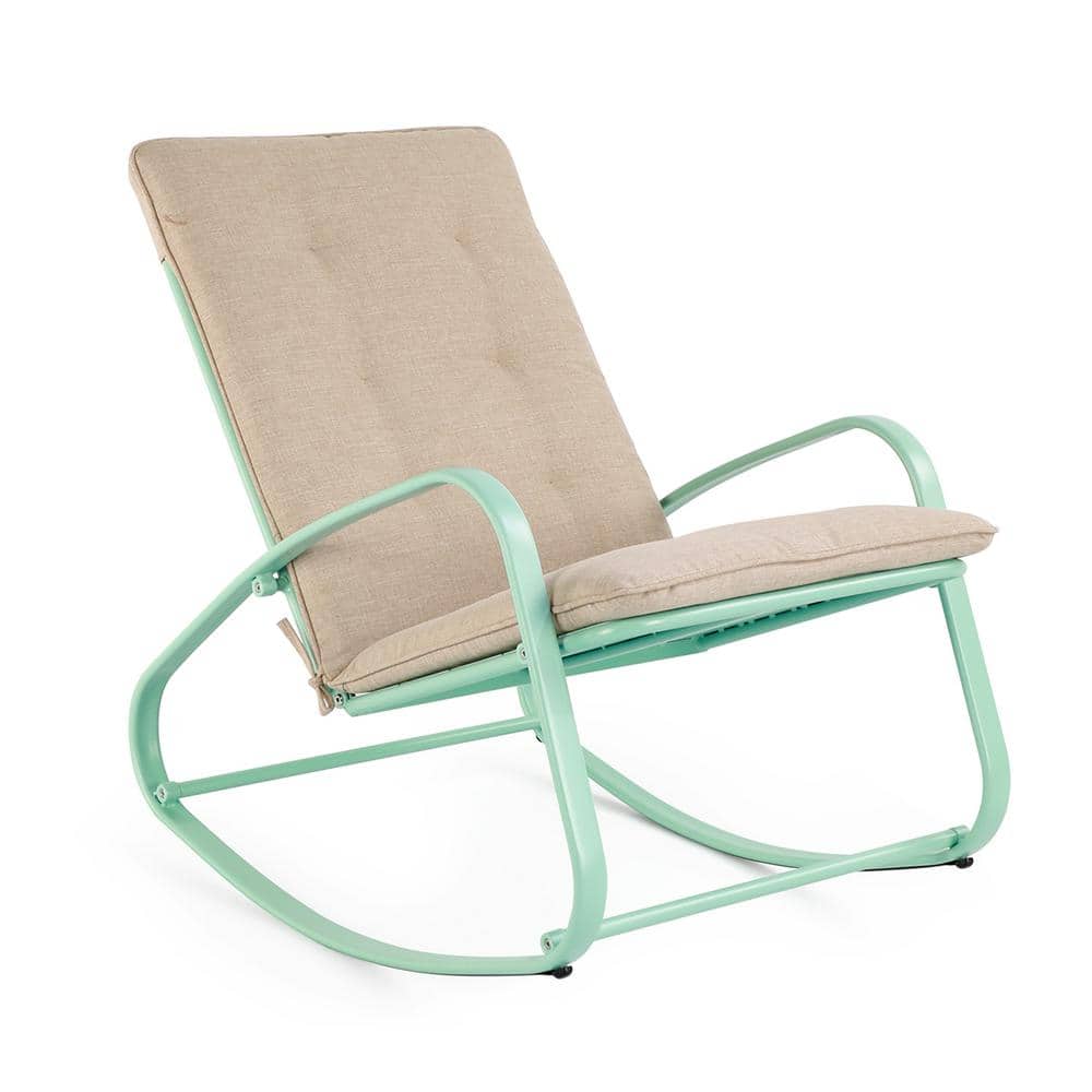 Metal Turquoise Outdoor Rocking Chair with Beige Cushions