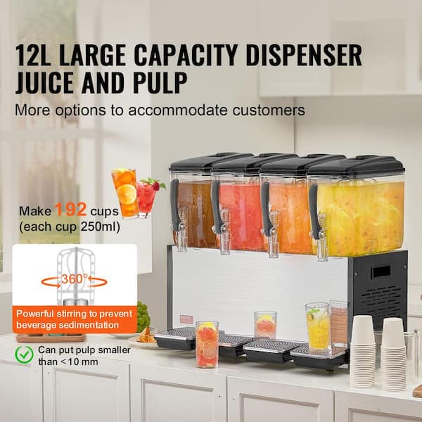 4-Tanks 12 L Commercial Beverage Dispenser, Juice Tea Drink Machine, 510 W Stainless Steel, 45°F-54°F, for Cold Drinks
