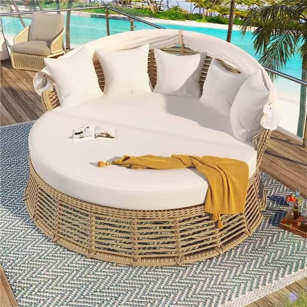 Nestfair Wicker Patio Outdoor Day Bed with Beige Cushions with Retractable Canopy