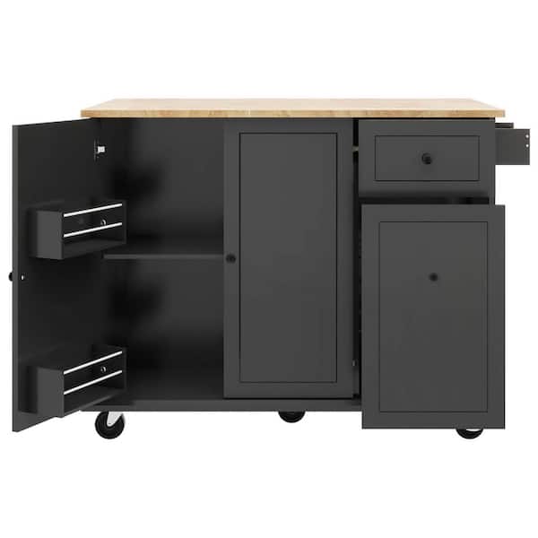 Black Wood 54 in. Kitchen Island with Drop Leaf, Storage Rack and 3-Tier Pull Out Cabinet Organizer for Kitchen Room