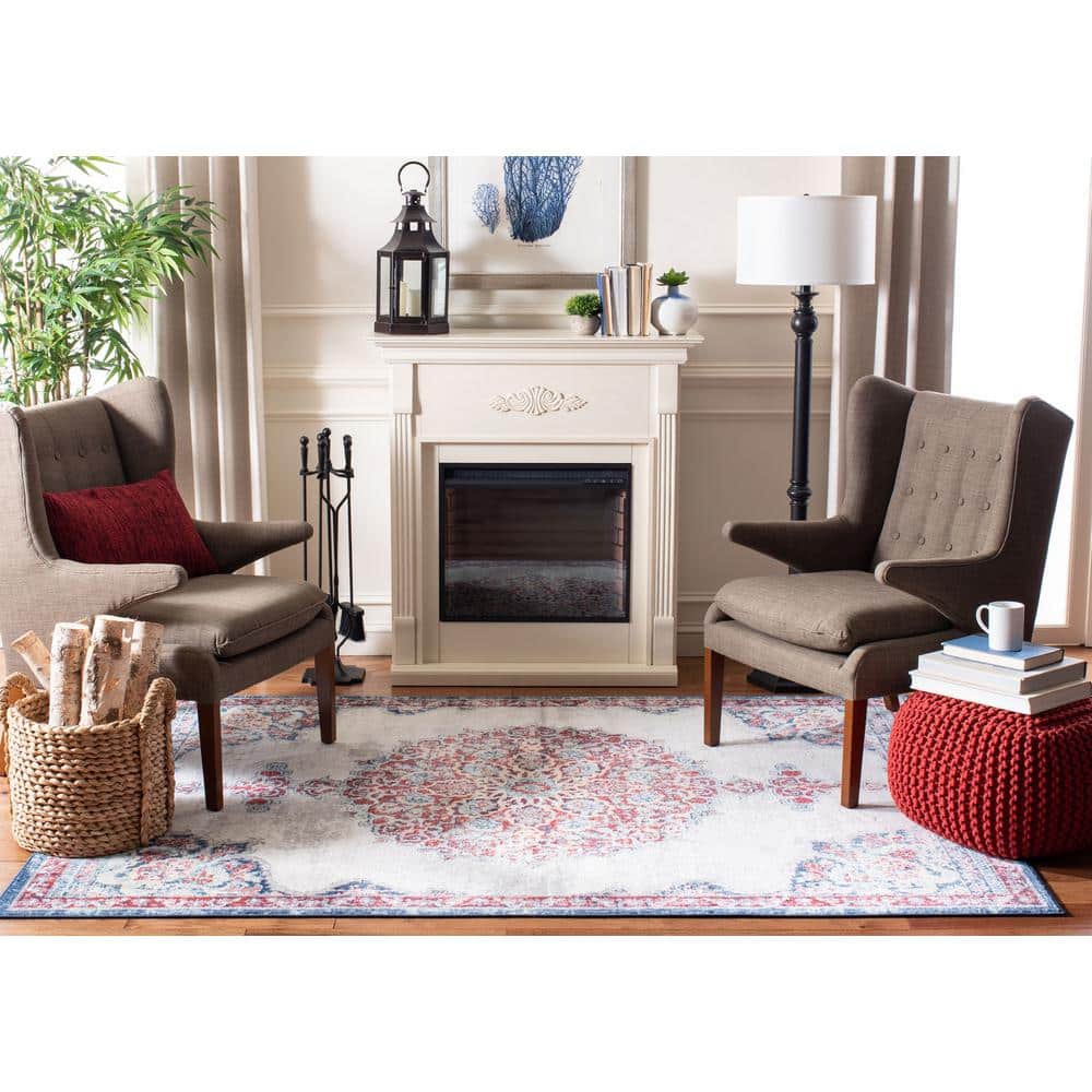 Ivory and Red Synthetic Square Oriental Area Rug