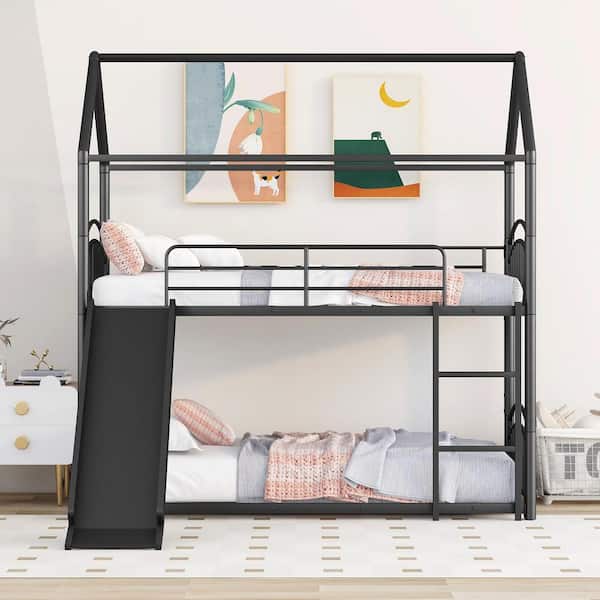 Polibi Twin Over Twin Metal Bunk Bed with Slide, Kids House Bed Black