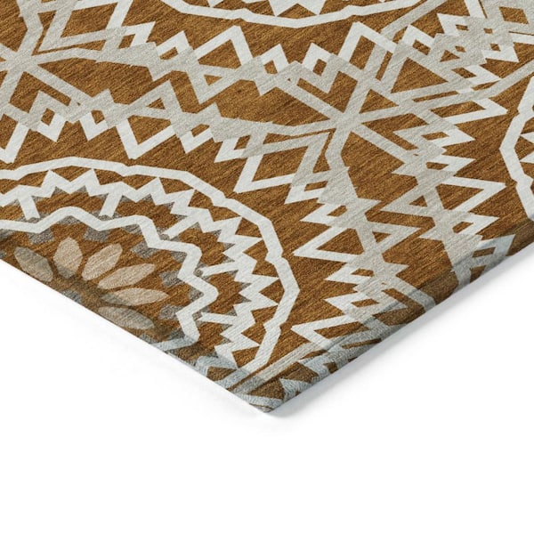 Orange, Copper, Beige 5 ft. x 8 ft. Woven Floral, Medallion Polyester Rectangle Indoor/Outdoor Area Rug