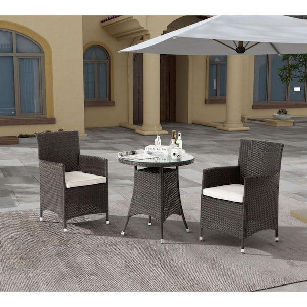 Angel Sar Brown 3-Piece All-Weather Wicker Outdoor Dining Set with Round Tempered Glass Tabletop and Beige Cushions
