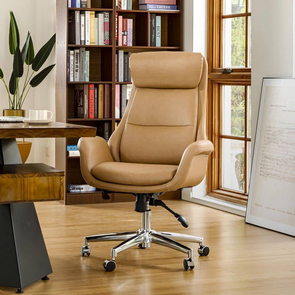 Camel Brown Mid-Century Modern Leatherette Gaslift Adjustable Swivel Office Chair - Thumbnail 2