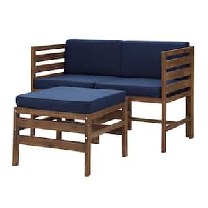 Dark Brown 3-Piece Acacia Wood Modular Patio Conversation Set with Navy Cushion