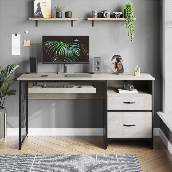 55 inch Computer Desk with Keyboard Tray and Storage Drawers - Wash White