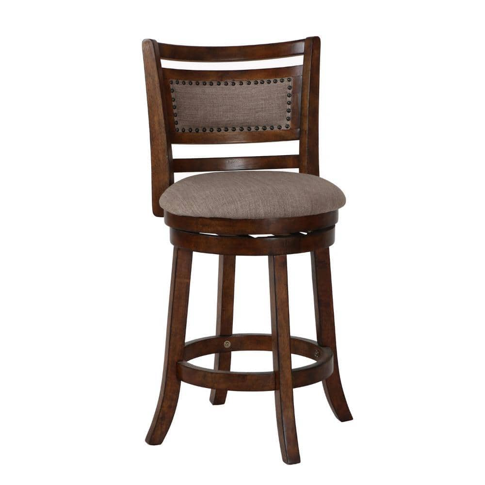 Benjara 34 in. Brown and Beige Low Back Wooden Frame Counter Stool with ...