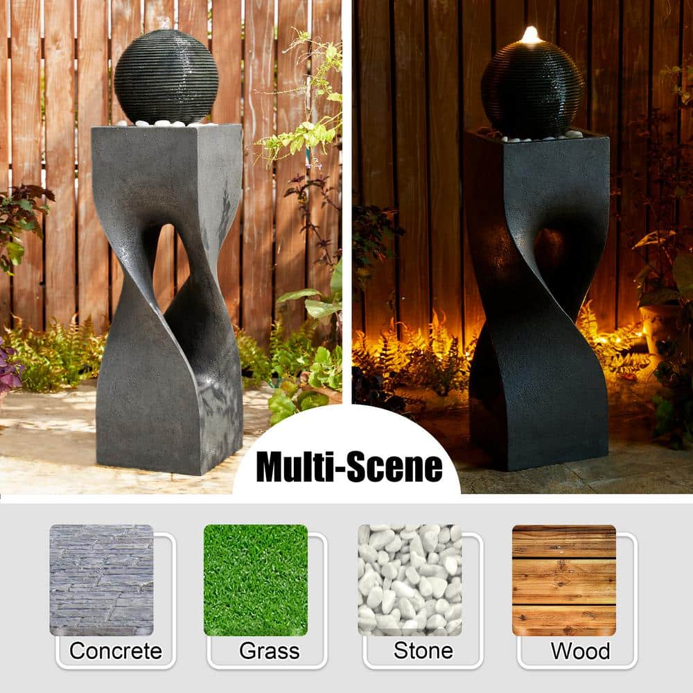 Modern Gray Polyresin Pedestal Fountain with LED Light
