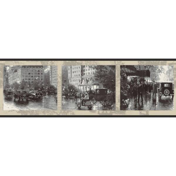 The Wallpaper Company 8 in. x 10 in. Black and White Nostalgic City Border Sample