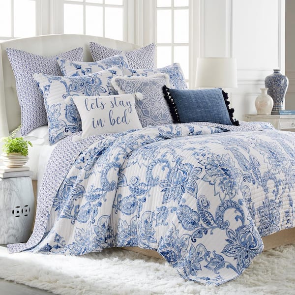 LEVTEX HOME Bennett White Blue Let s Stay In Bed Embroidered