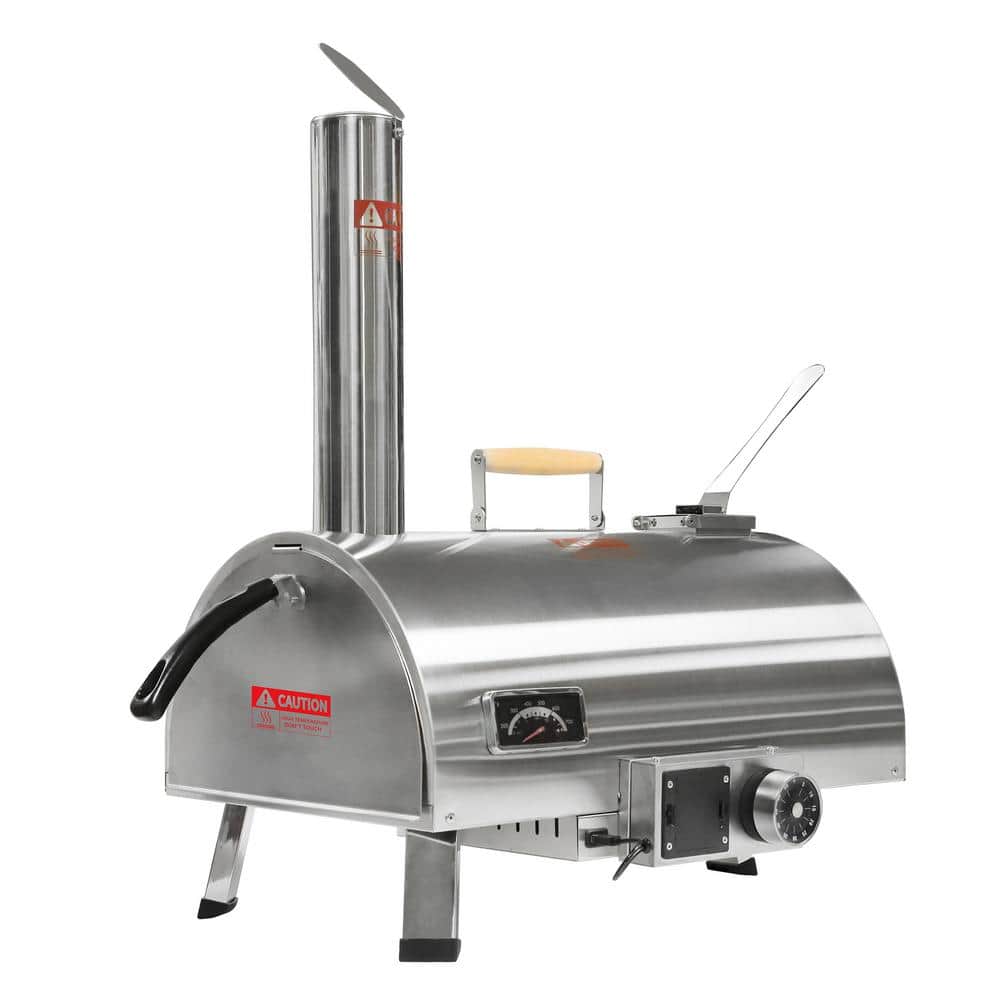 12 in. Wood Fired Automatic Rotatable Outdoor Pizza Oven with Built-in Thermometer in Silver