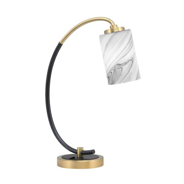 Unbranded Delgado 18.25 in. Matte Black and New Age Brass Accent Desk Lamp with Onyx Swirl Glass Shade
