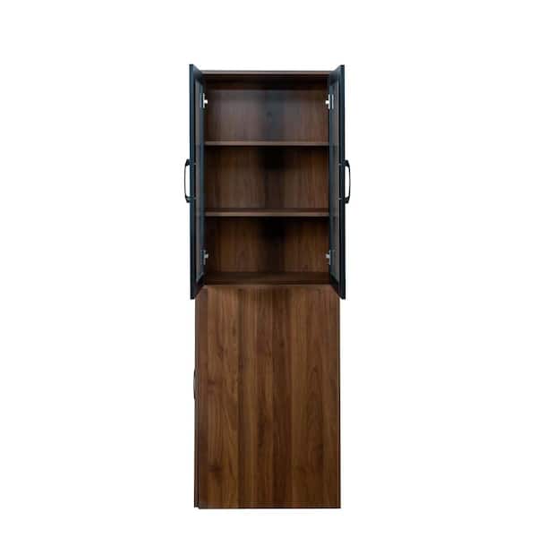24 in W x 12 in D x 71 in H Linen Cabinet, Display Storage Cabinet with 4 Tier Pull-Out Multi-Tier Shelf 2 Doors, Walnut