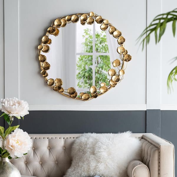 Gold 35.2 in. W x 35.2 in. H Art Deco Round Iron Framed Mirror Wall Mirror Wall Decor Mirror