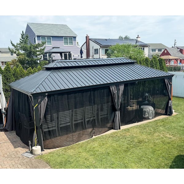14 ft. x 28 ft. Gray Aluminum Power-Coated Frame Galvanized Steel Double Roof Hardtop Gazebo,Hooks, Netting,Gray Curtain