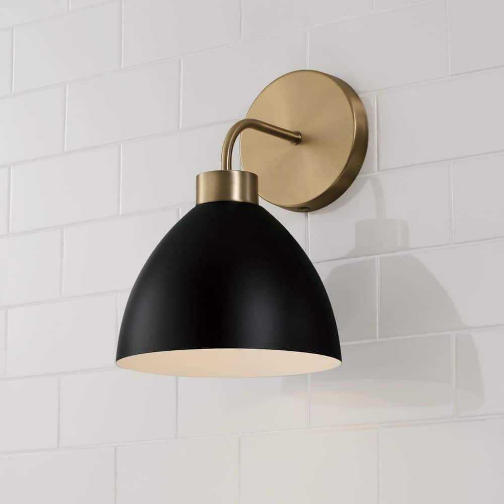 Ross Aged Brass and Black Metal Sconce with White Interior