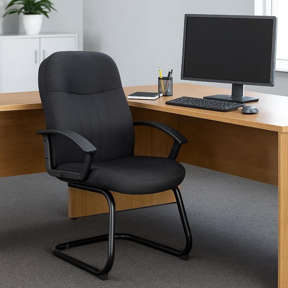 Qien Fabric Upholstered Ergonomic Office Guest Chair in Black with Non-Adjustable Arms