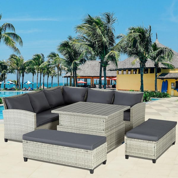 Cesicia Grey 6-Piece Wicker Outdoor Sectional Set with Lifting Table and Grey Cushions