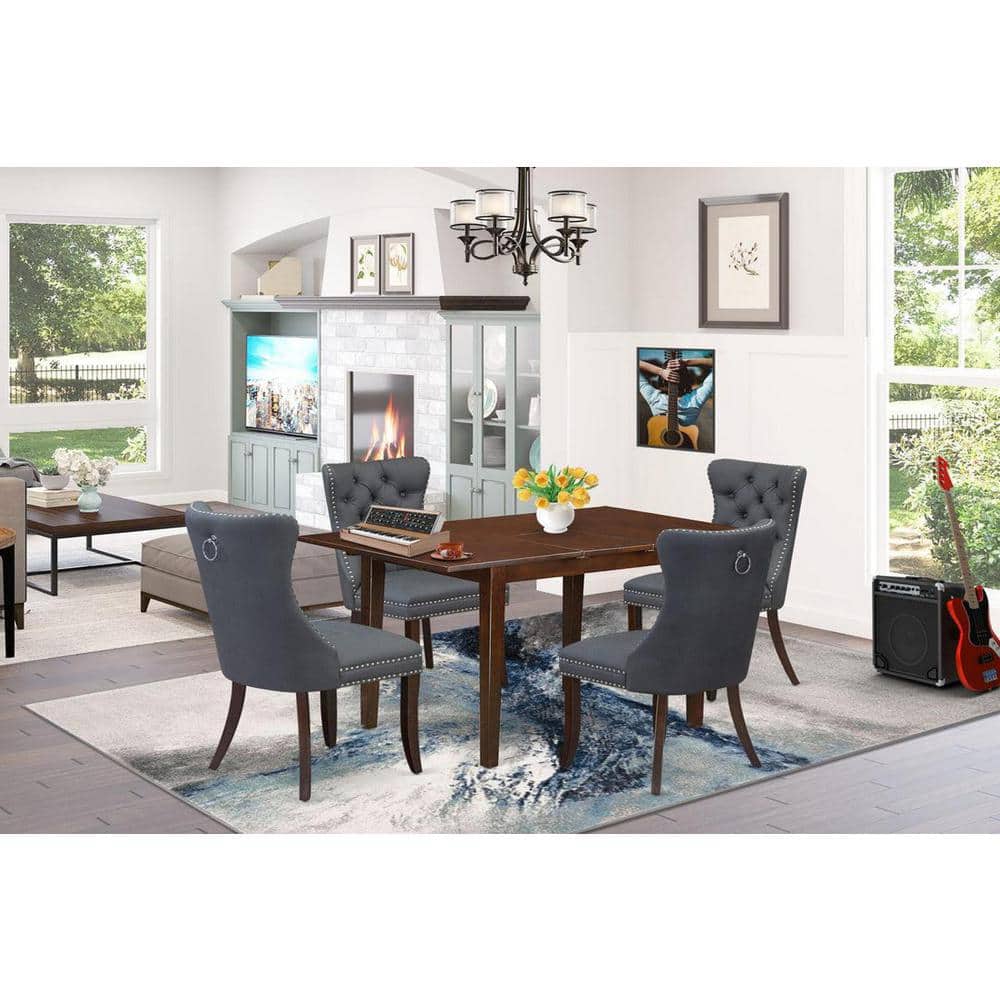 Mahogany Extendable Dining Table Set with Gray Upholstered Chairs