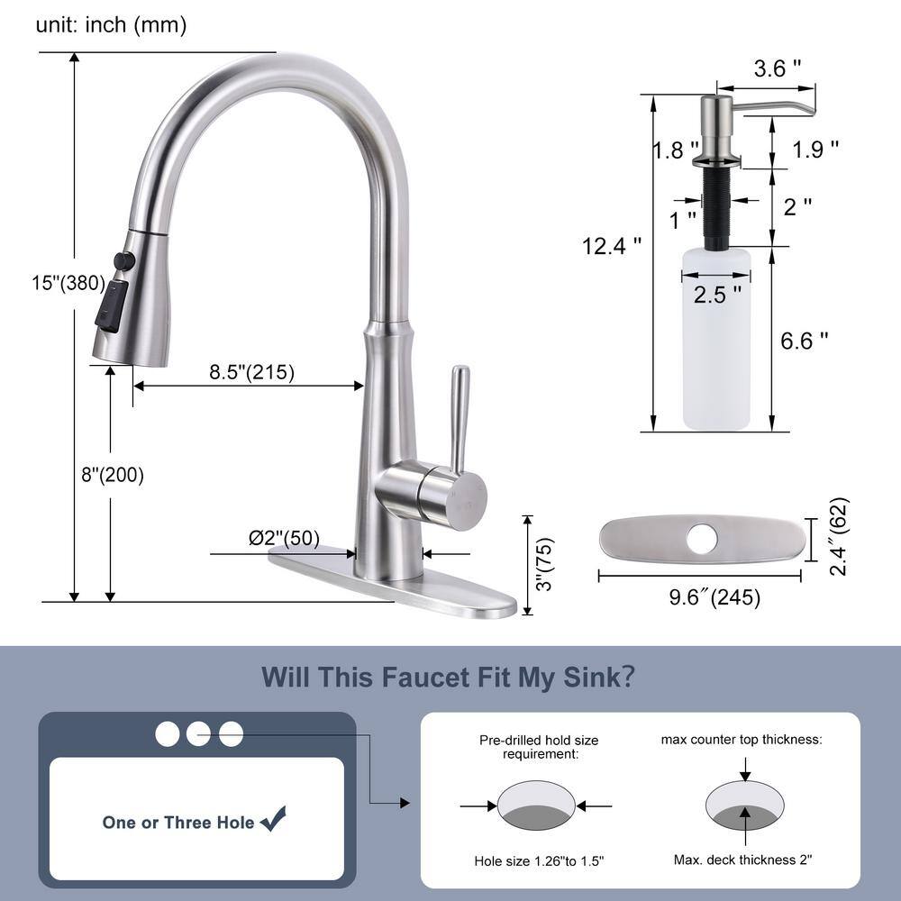 Brushed Nickel Stainless Steel Pull Down Kitchen Faucet with Soap Dispenser