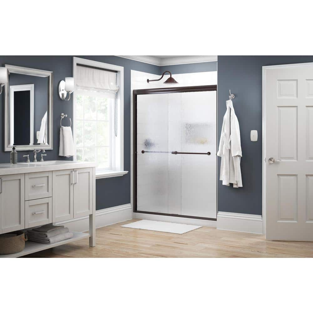Traditional 59-3/8 in. W x 70 in. H Semi-Frameless Sliding Shower Door in Bronze with 1/4 in. Tempered Rain Glass -  Delta, 158868