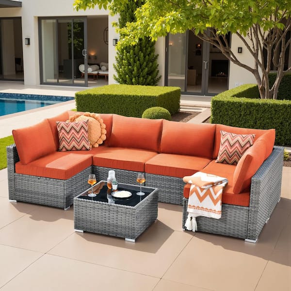 Elora Gray 7‑Piece Wicker Outdoor Patio Conversation Set with Orange Red Cushions Ideal for Backyard, Deck, or Garden