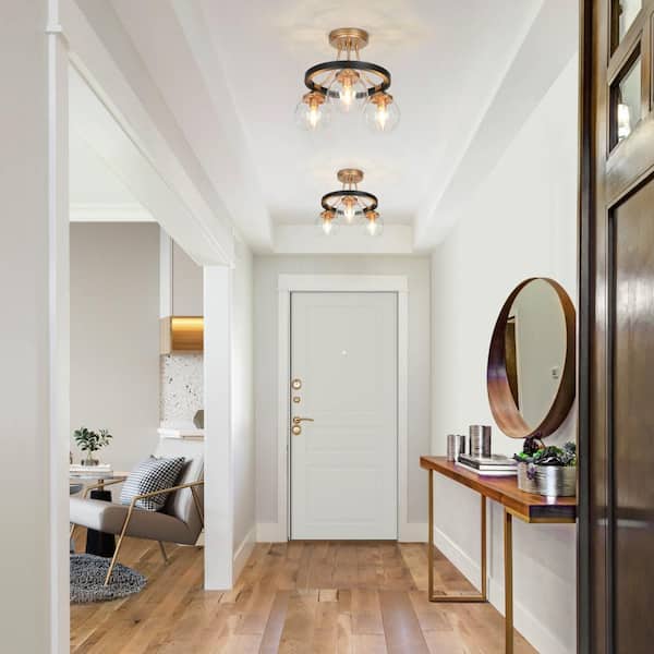 Skubnkoh Modern 14.5 in. 3-Light Black and Gold Cluster Semi-Flush Mount Ceiling Light with Globe Seeded Glass Shade