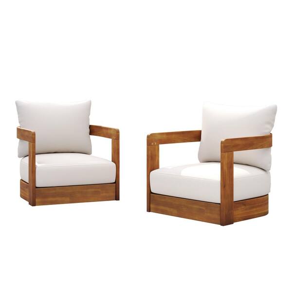 Teak Curved Tub Wood Outdoor Lounge Chair with Beige Cushions(2-Pack)