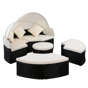 Black Round Rattan Wicker Outdoor Day Bed, Sectional Seating with Retractable Canopy, Cream Cushions
