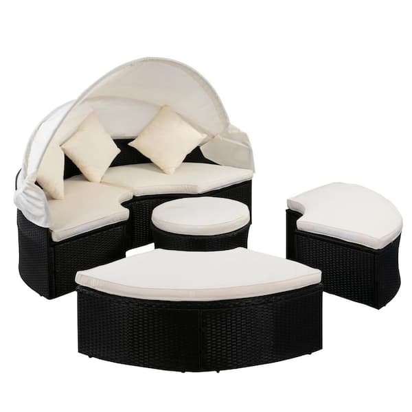 Unbranded Black Round Rattan Wicker Outdoor Day Bed, Sectional Seating with Retractable Canopy, Cream Cushions