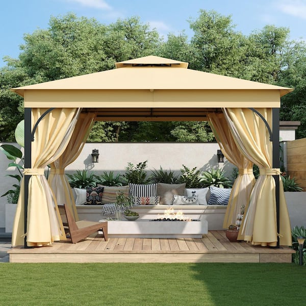10 ft. x 12 ft. Beige Outdoor Gazebo with Double Roofs, Patio Canopy with Mosquito Netting