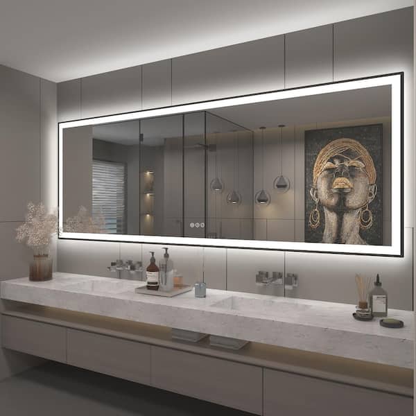 Apmir 96 in. W x 36 in. H Rectangular Space Aluminum Framed Dual Lights Anti-Fog Wall Bathroom Vanity Mirror in Tempered Glass