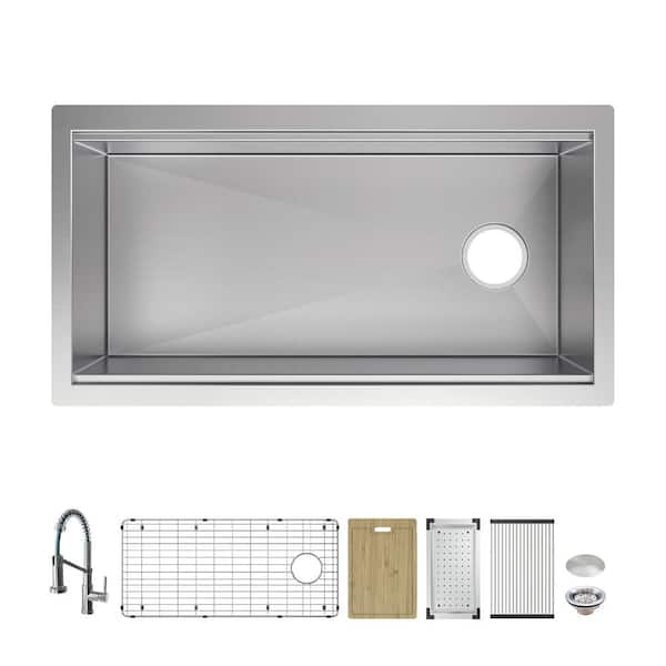 Professional Zero Radius 36 in. Undermount Single Bowl 16 Gauge Stainless Steel Workstation Kitchen Sink with Faucet