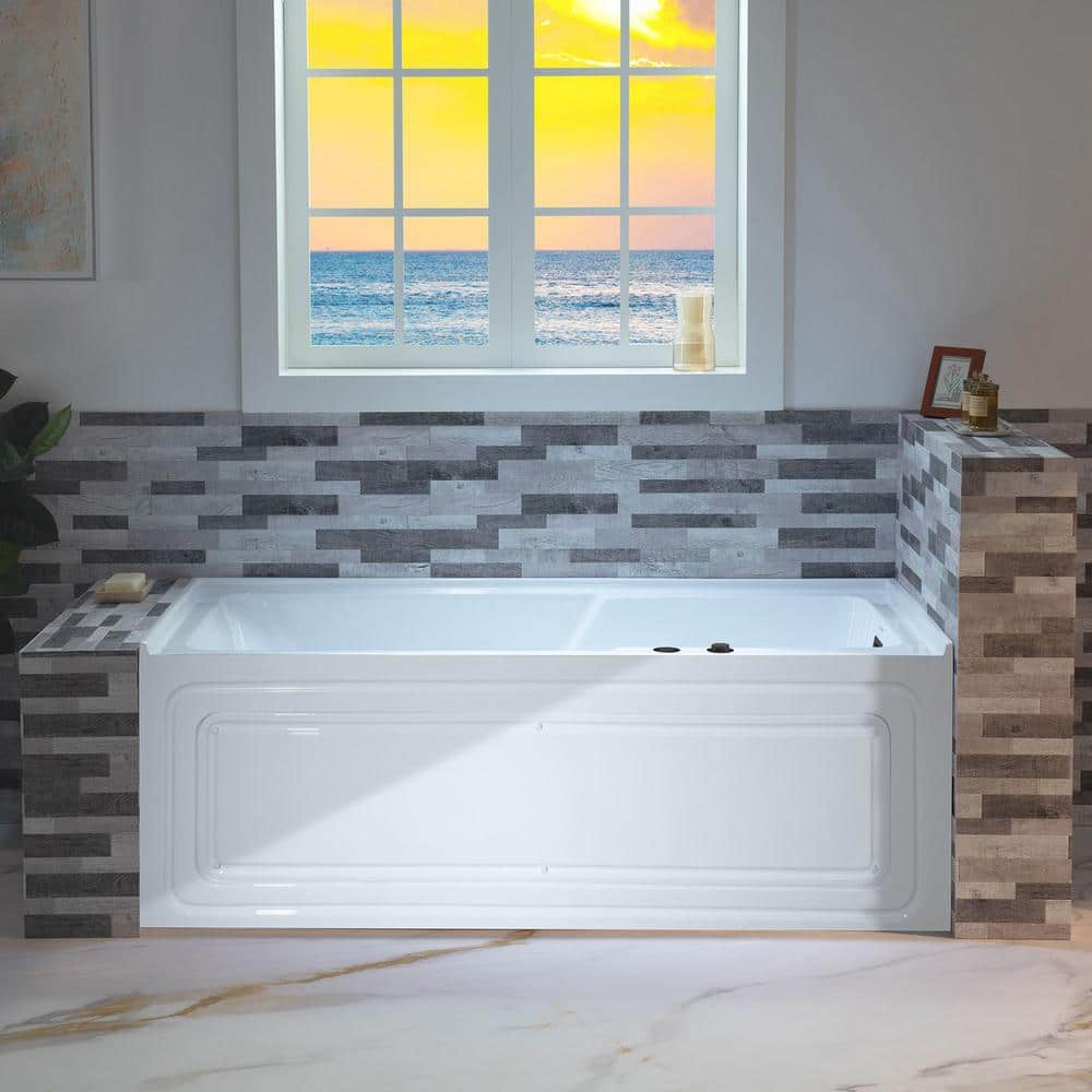 60" White Acrylic Alcove Bathtub with Matte Black Jets