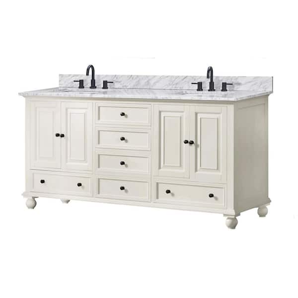 Thompson 73 in. Double Sink French White Bath Vanity with Carrara White Marble Top