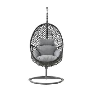 Grey Patio PE Rattan Wicker Steel Outdoor Swing Chair with Grey Cushions, Stand for Balcony, Courtyard