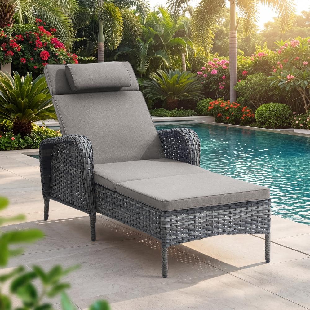 Wellcane 1-Piece Gray Wicker Outdoor Chaise Lounge Chair with Adjustable Backrest, Outdoor Recliner with Gray Cushion price history on PriceWatchPro
