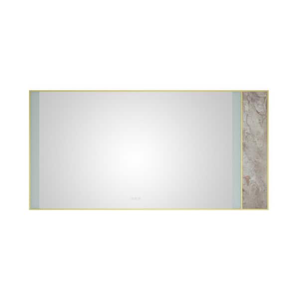 ANGELES HOME 72 in. W x 36 in. H Large Rectangular Stainless Steel Framed Stone Dimmable Wall Bathroom Vanity Mirror in Gold Frame