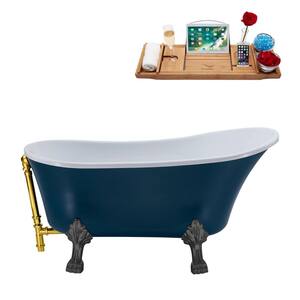 63 in. Acrylic Clawfoot Non-Whirlpool Bathtub in Matte Light Blue With Brushed GunMetal Clawfeet And Polished Gold Drain