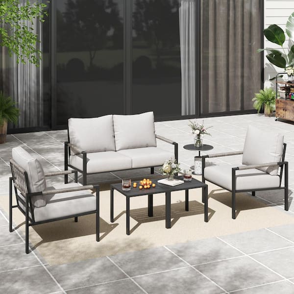AURA OUTDOOR 5-Piece Metal Outdoor Furniture Set 4-Seat Patio Conversation Set with Warm Grey Cushions and Coffee Tables