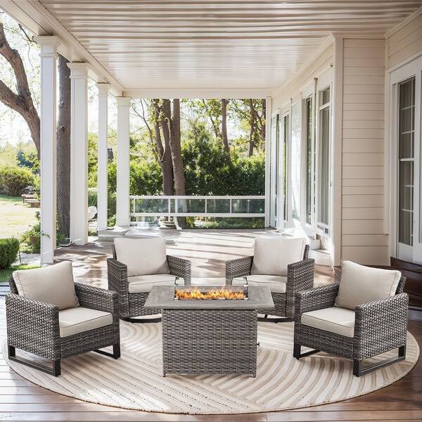 moosprr 5-Piece Gray Wicker Fire Pit Conversation Set with Olefin Beige Cushions and U-Foot Design