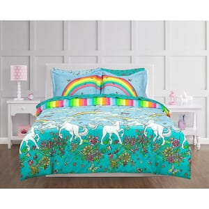 Rainbow Unicorn 7-Piece Blue Super Soft Brushed Microfiber Full Bed in a Bag Set
