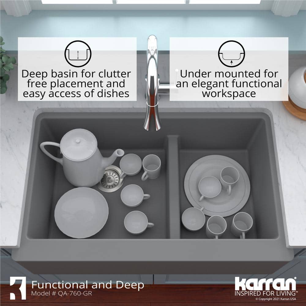 Gray Quartz 34'' Double Bowl Farmhouse Kitchen Sink Kit