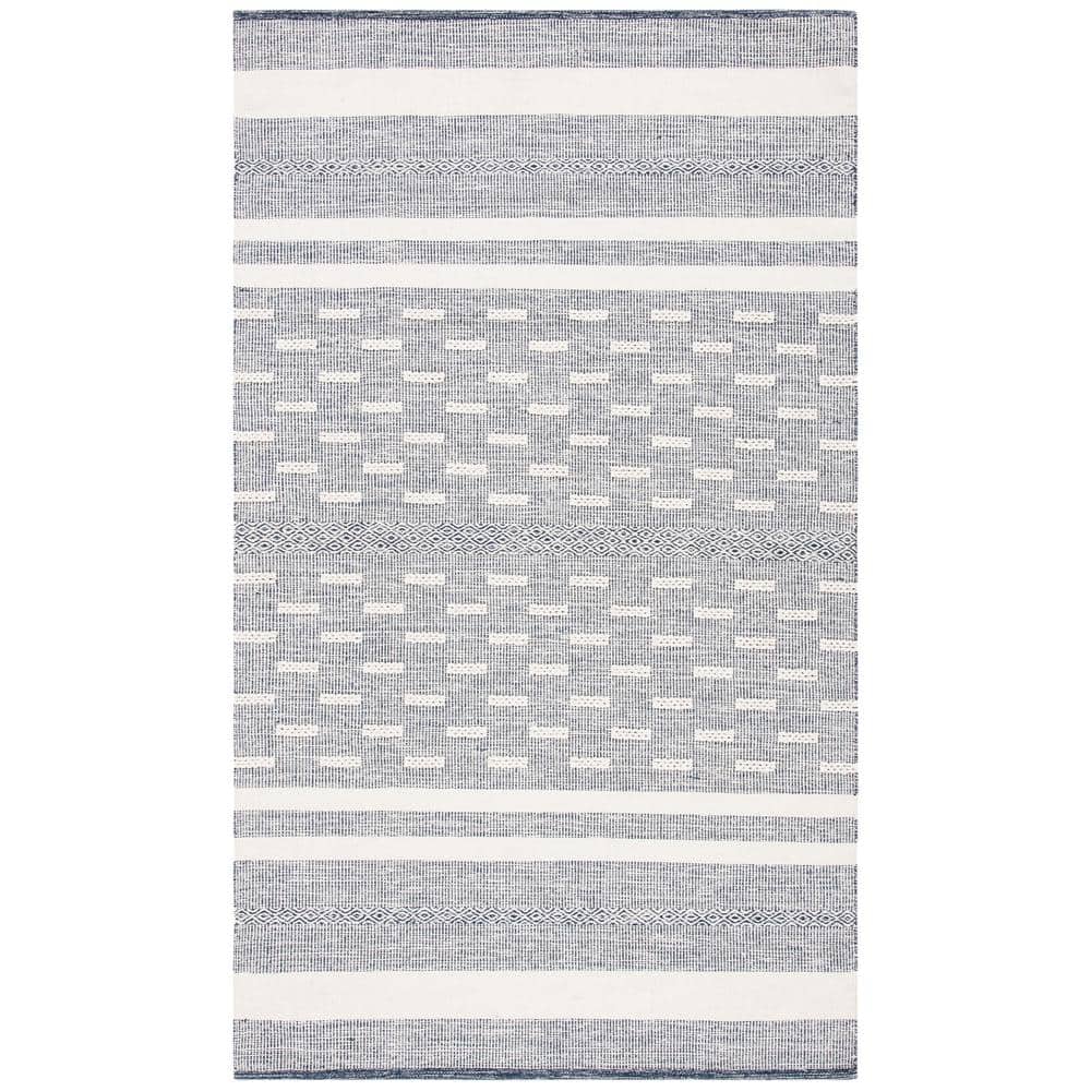 Ivory and Navy Striped Flat Woven Wool Cotton Area Rug