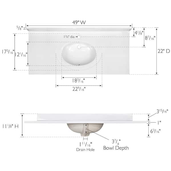 49 in. x 22 in. Single Faucet Hole Cultured Marble Vanity Top in Solid White with Solid White Basin