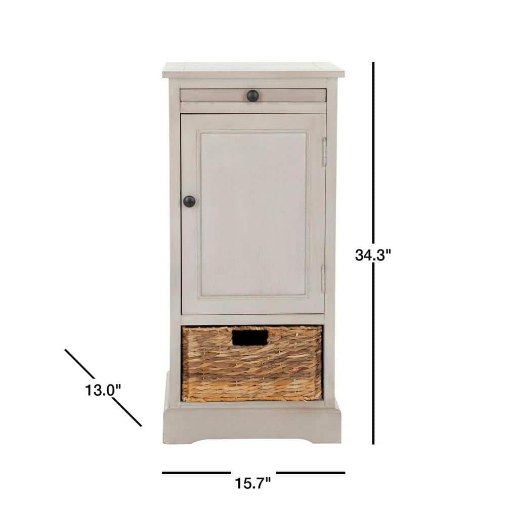Transitional Vintage Grey Pine Storage Unit with Woven Basket