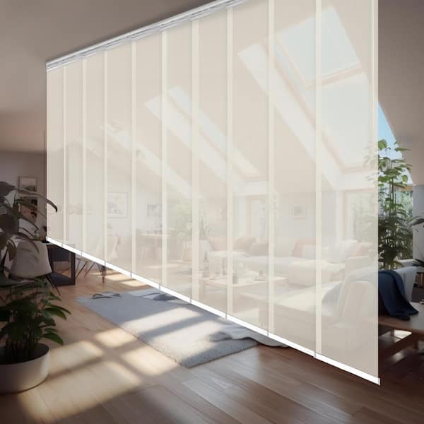 EMOH Ivory Mesh 120 in. to 218 in. W x 94 in. L Adjustable 10-Panel Satin Nickel Double Rail Panel Track with 23.5 in. Slates
