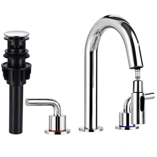 AKLFGN 8 in. Widespread Double Handle Bathroom Faucet 3 Hole Pull Down Sink Faucet with Pop-Up Drain in Polished Chrome