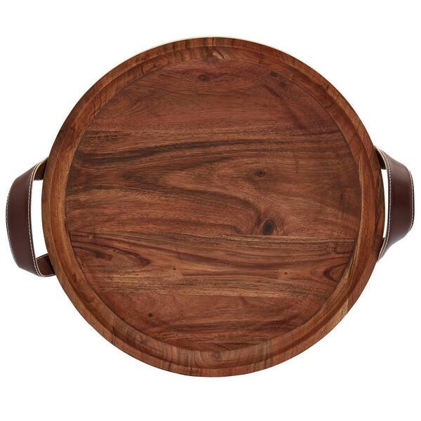 MASON CRAFT & MORE - 19 in. Round Acacia Wood Serving Tray with Faux Leather Handles